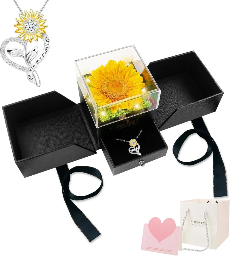 Silver sunflower pendant necklace with preserved yellow flower in clear charm, gift box included