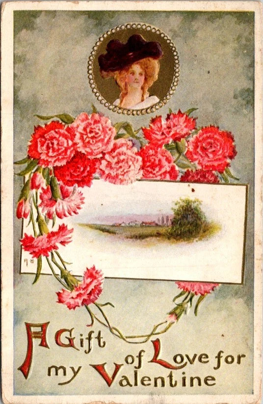 Postcard Gift of Love for My Valentine Floral Pink Carnation Bouquet 1910  22010 Carnation
