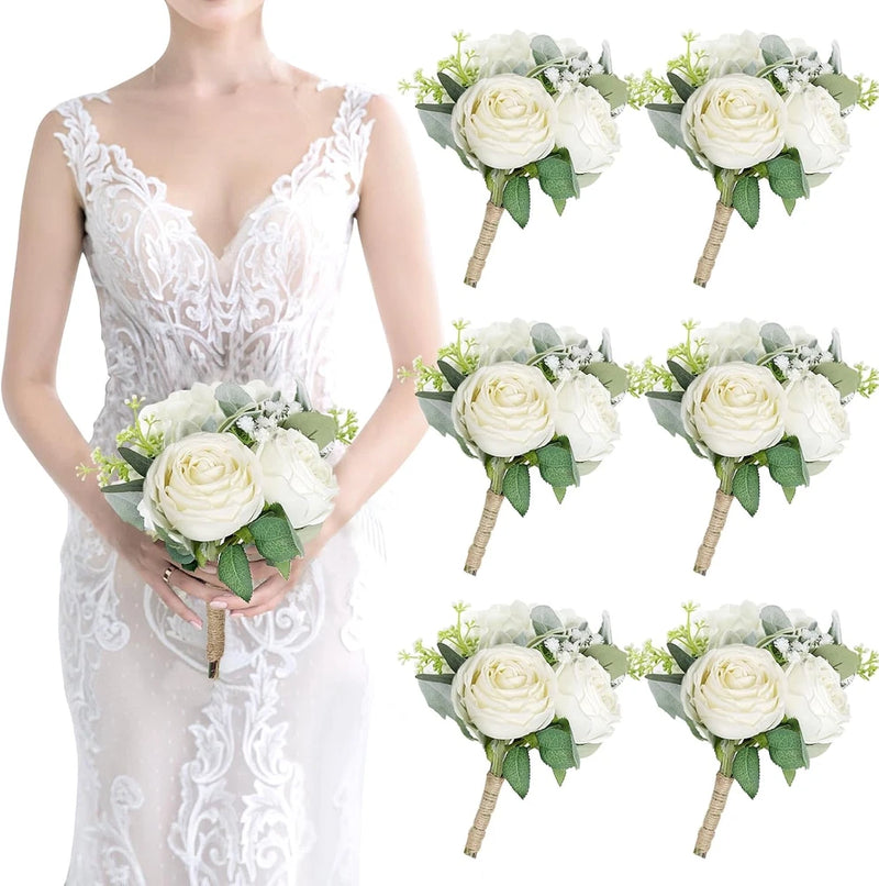 Set of 6 Ivory White Bridesmaid Bouquets - Artificial Floral Centerpieces Hydrangea
