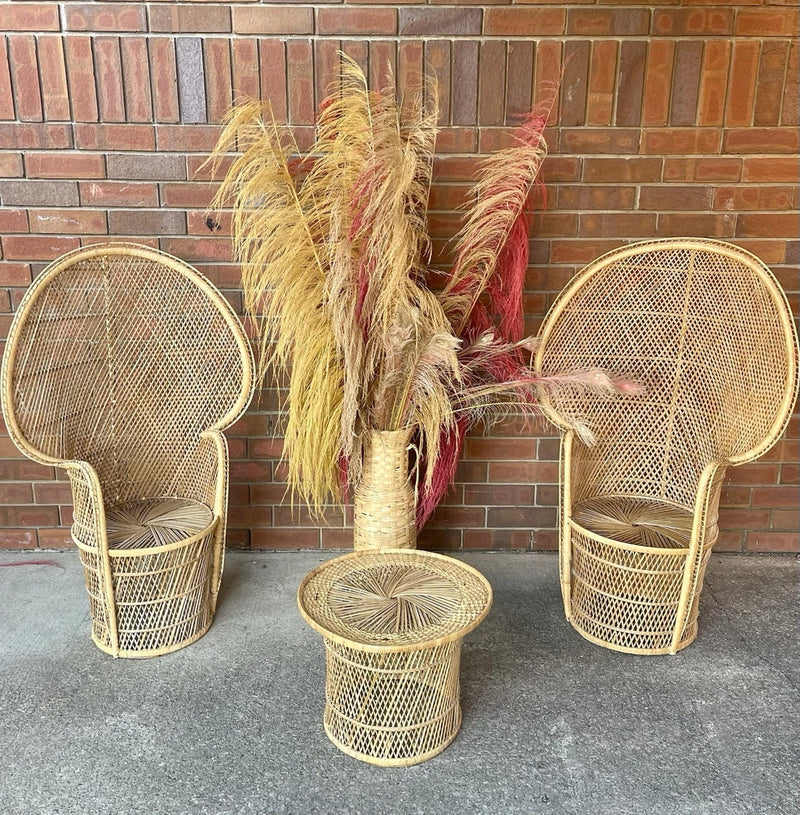 Complete  Mid-Century Wicker Table And Chairs With Vase With Pampas Grass Pampas Grass