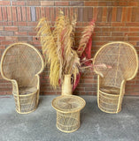 Complete  Mid-Century Wicker Table And Chairs With Vase With Pampas Grass Pampas Grass
