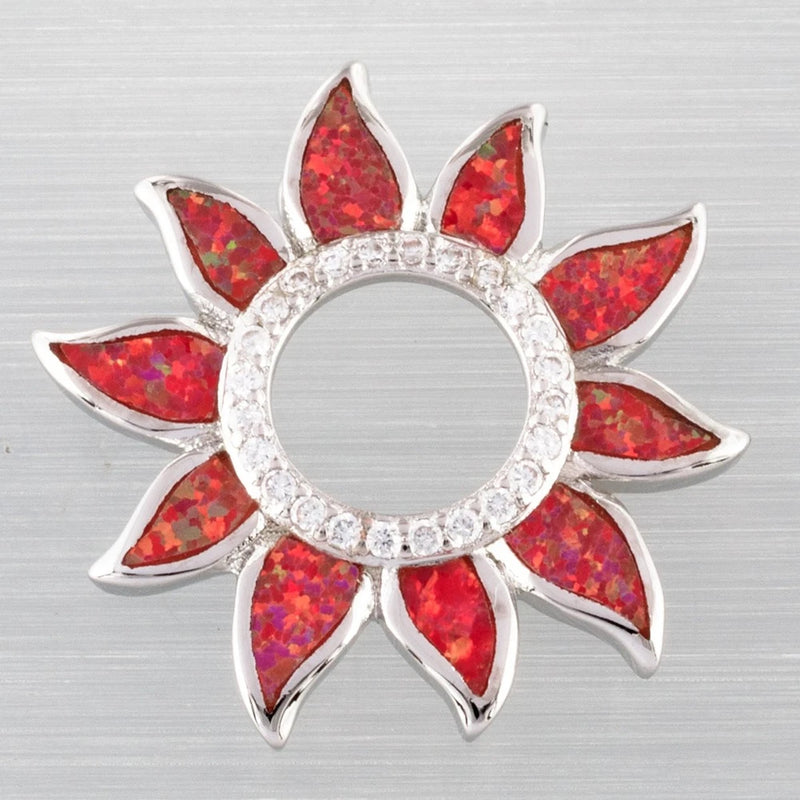 Silver CZ halo sunflower pendant with red opal-like petals, circular center ring