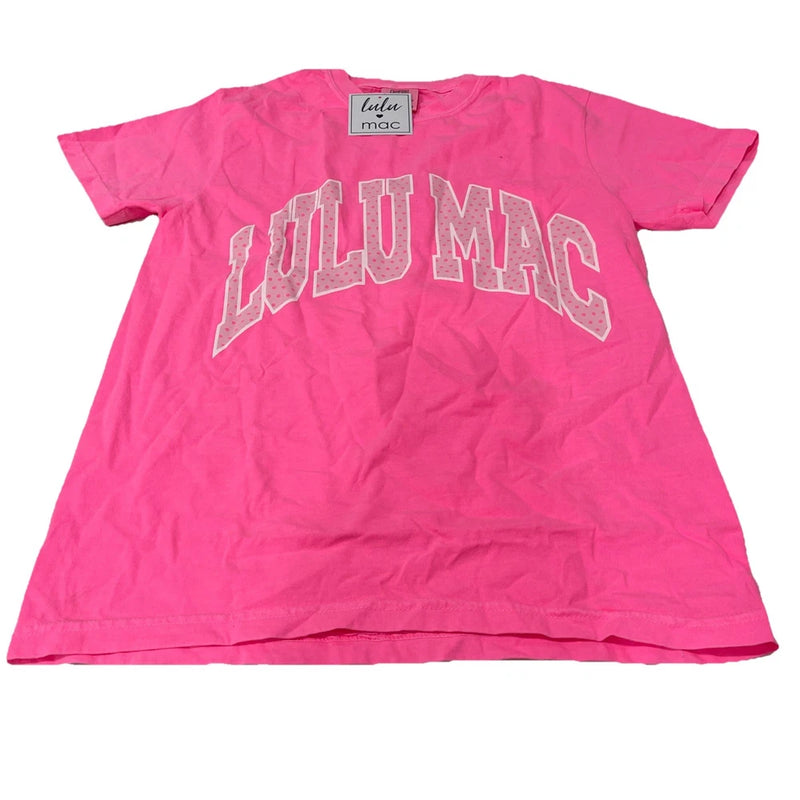 Neon pink short-sleeve Comfort Colors T-shirt with Lulu Mac polka-dot graphic
