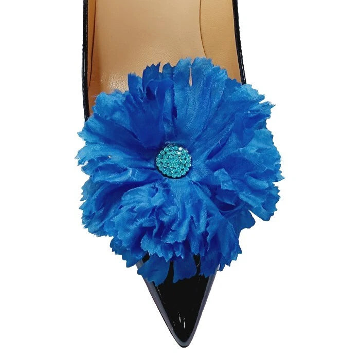 Blue carnation flower shoe clip with layered petals and jeweled center