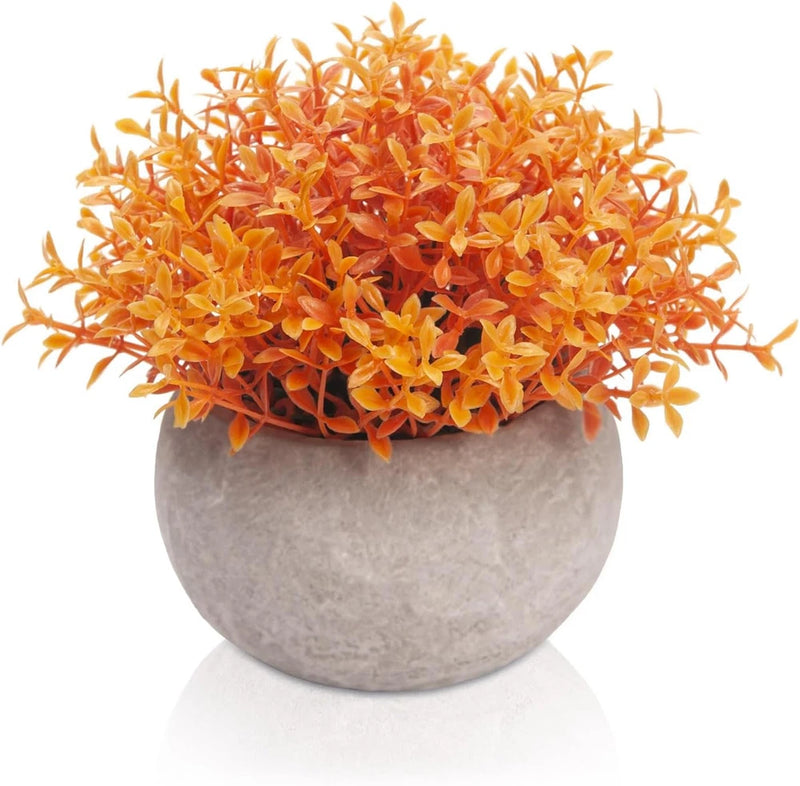 Artificial boxwood topiary in gray round pot, dense orange faux foliage