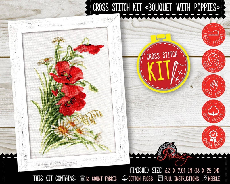 Counted cross-stitch kit with poppy bouquet design on printed fabric and frame