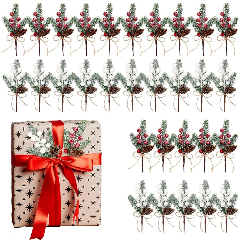30Pack Artificial Pine Picks, 6inch Flocked Holly Christmas Red and White Ber... Green Plant