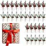 30Pack Artificial Pine Picks, 6inch Flocked Holly Christmas Red and White Ber... Green Plant