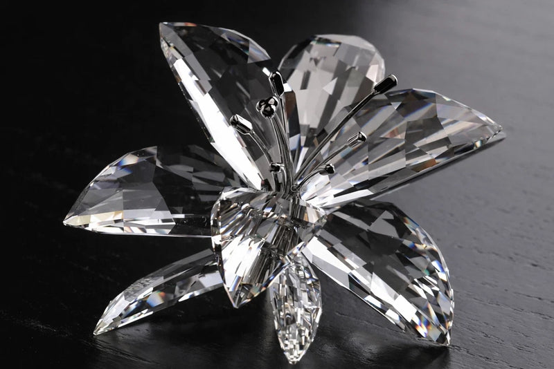 Swarovski crystal lily flower figurine, clear faceted centerpiece with five-point petals