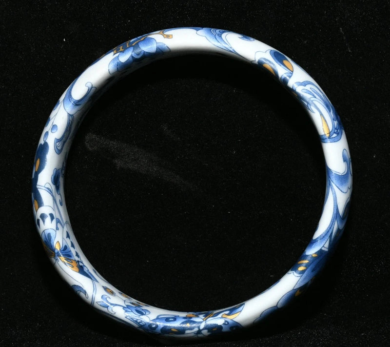 3'' Old China Dynasty Blue White Porcelain Gilt Peony Flower Butterfly Bracelet Peony