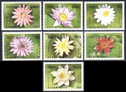 Cambodia water lily postage stamp set with pink, purple, white, yellow, orange blooms
