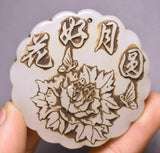 5CM Old Chinese White Jade Hand carving Peony Flower Pendants Peony