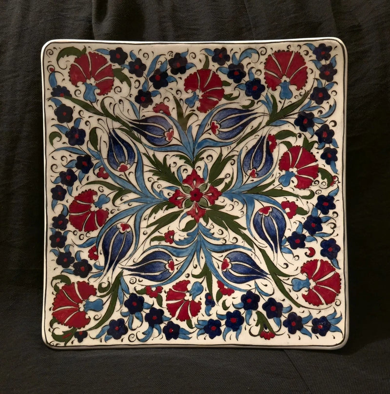Turkish Iznik Design Double Carnation & Tulip Handcrafted Plate 8 In Signed Carnation