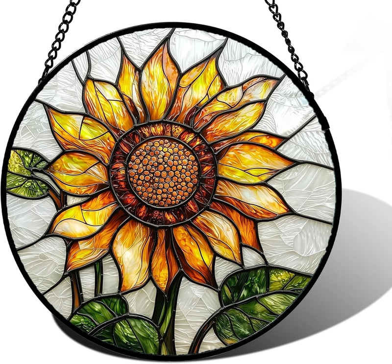 Circular sunflower stained glass window hanging with black frame and hanging chain