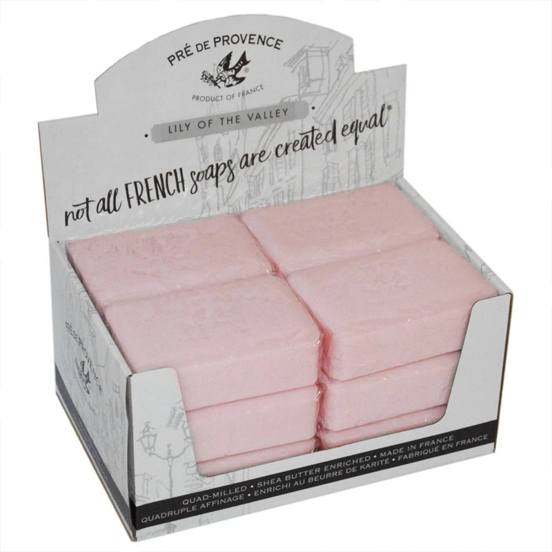 French soap bath shower bars, lily of the valley scent; pink bars in open case