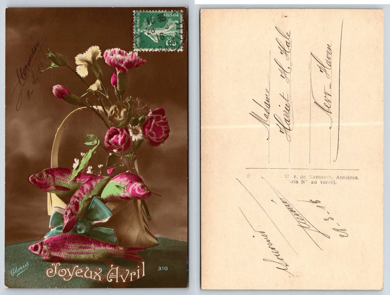 Silky April Bouquet With Fish Flowers Daisies Carnations RPPC Postcard AA386 Carnation