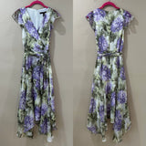White House Black Market Hydrangea Flutter Sleeve Midi Dress Purple Green Size 2 Hydrangea