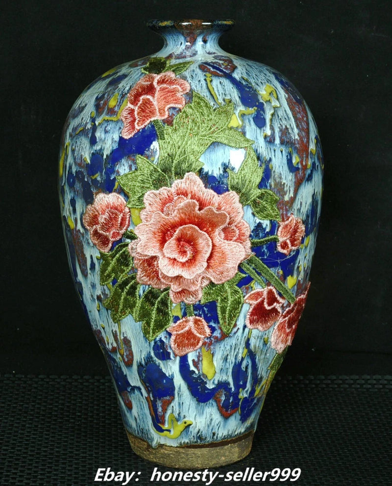 Jian kiln-style porcelain vase with blue-green glaze and painted peony flowers