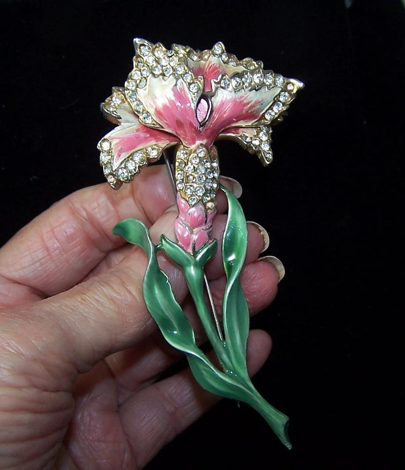 MB BOUCHER Giant Metallic Enamel and Pave Carnation Pin Carnation