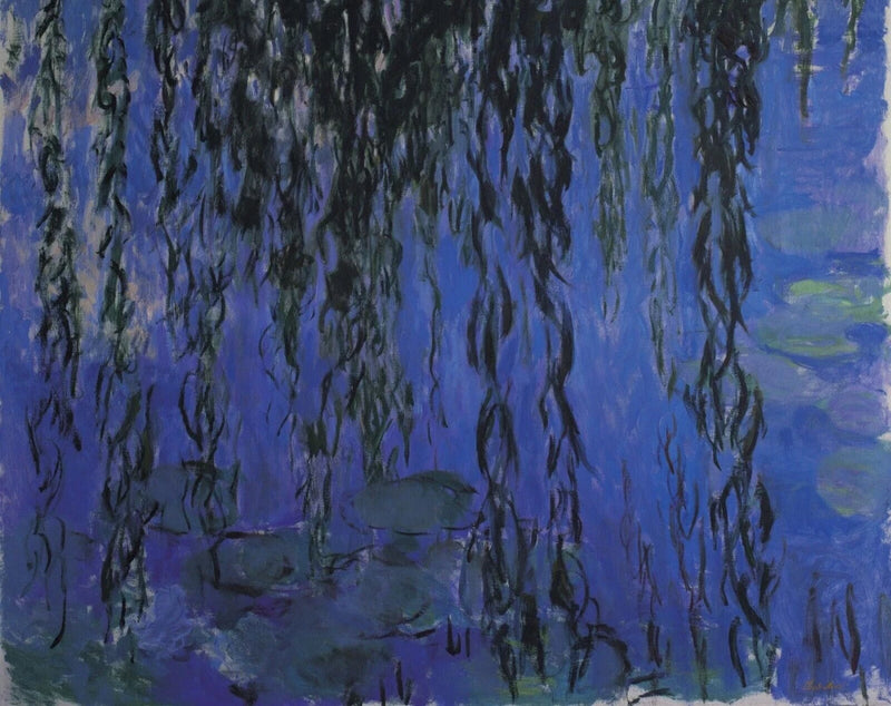 Giclee canvas print of blue pond with water lilies and hanging willow branches