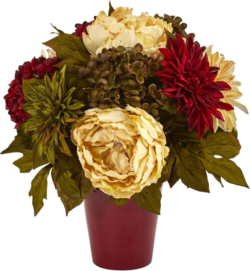 Burgundy Vase with 14" Peony, Hydrangea & Dahlia Artificial Floral Arrangement Hydrangea