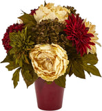 Burgundy Vase with 14" Peony, Hydrangea & Dahlia Artificial Floral Arrangement Hydrangea