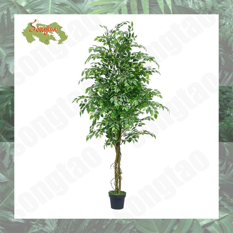 Artificial ficus tree in a dark pot with green realistic leaves and a natural wood trunk