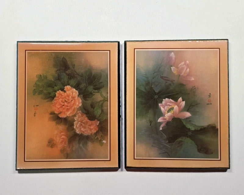 Vintage floral wall art prints: two framed peony flower designs with leaves