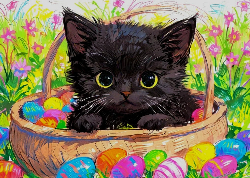 Mini art print of a black cat kitten in an Easter egg basket with colorful eggs