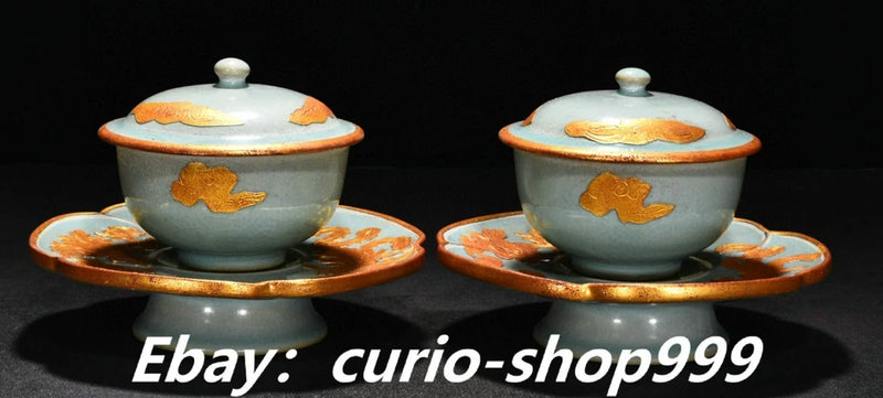 6.6" Song Dynasty Ru Kiln Porcelain Gilt Peony Flower Phoenix  Bird Tea Cup Pair Peony