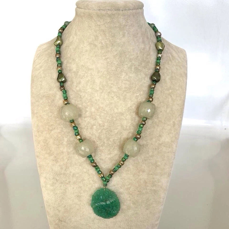 Green Sunflower Pendant with Glass Beaded Necklace Fairy Cottage Core Sunflower
