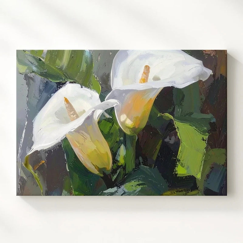 Calla lily canvas wall art with painterly white blooms and yellow centers on green