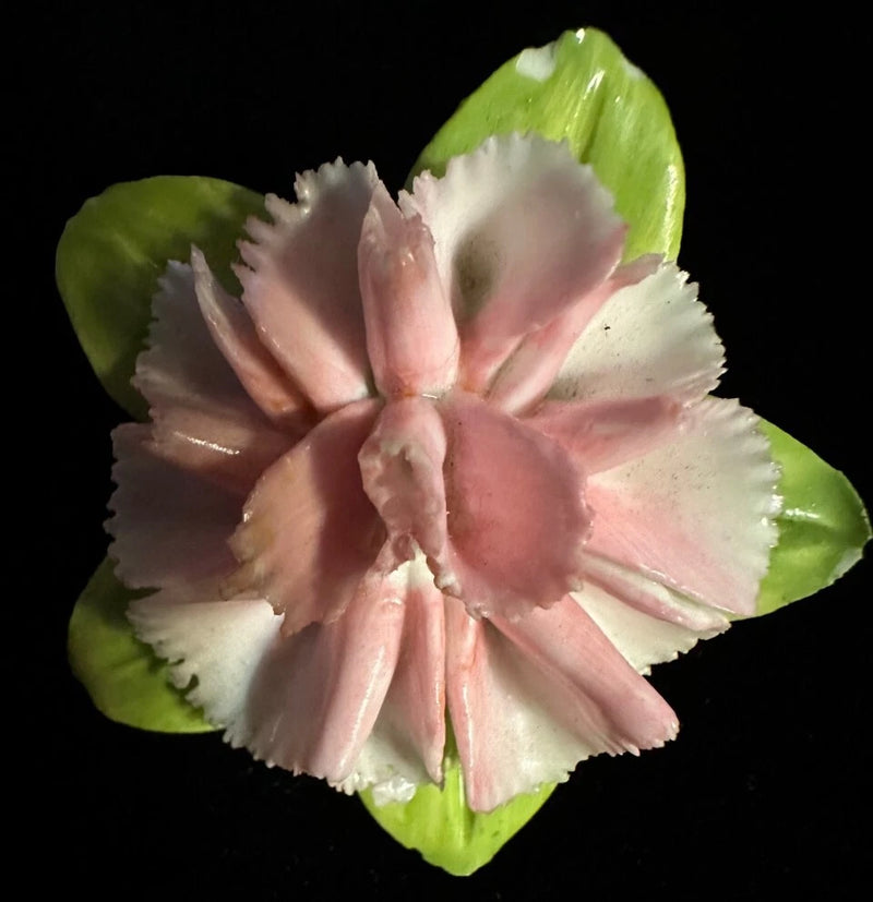Pink and green bone china carnation flower pin with carved petals and leaf detail