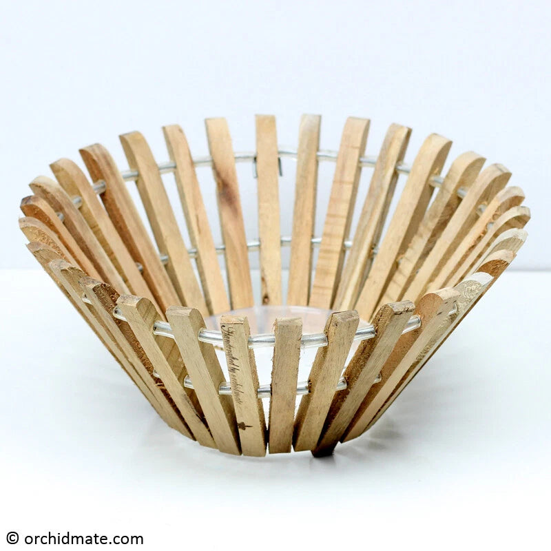 Round hanging wooden orchid basket with vertical slats and metal hanger rings
