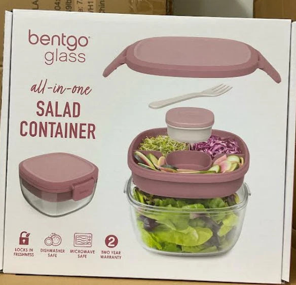Bentgo Glass all-in-one salad container with pink lid and fork