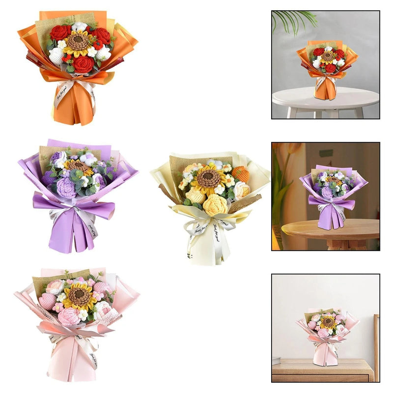 Artificial flower bouquet with sunflower and mixed blooms, wrapped in pastel paper bow.