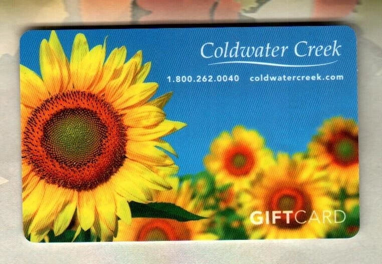 Coldwater Creek gift card with blue background and sunflower artwork, horizontal rectangle