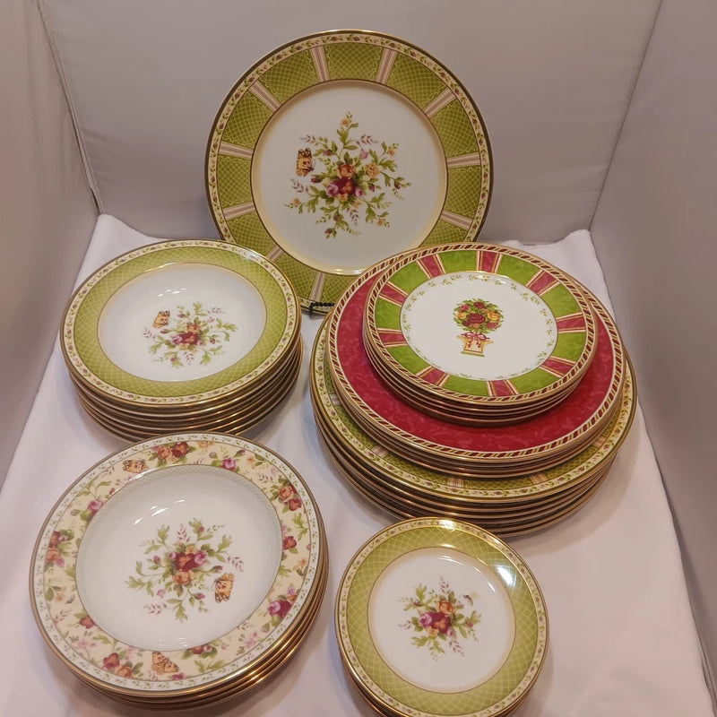 Royal Albert Roses plate set: round white plates with red-green trellis border and gold rim
