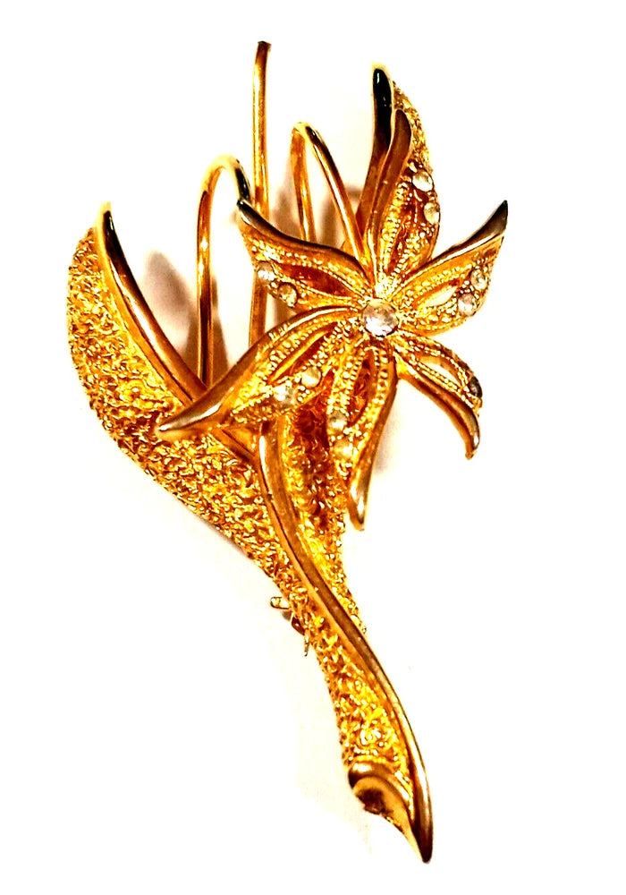 Vintage Gold Color Stardusted STARGAZER LILY 2" Flowerwith Crystals Brooch Lily