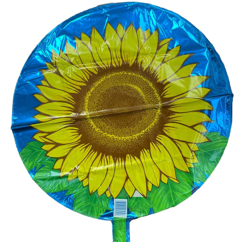 18-inch round mylar sunflower party balloon, blue and green with yellow flower center