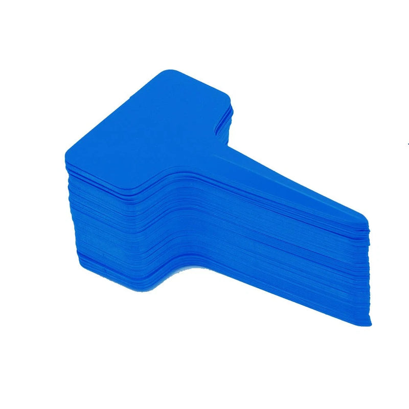Blue plastic T-type plant marker tags, stacked nursery garden labels set