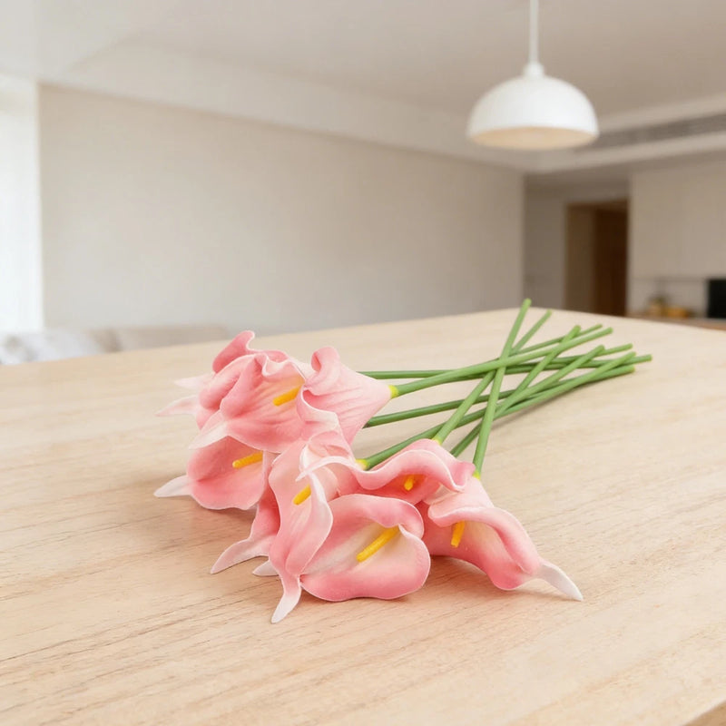 Artificial pink calla lily flowers with green stems, 10-piece set