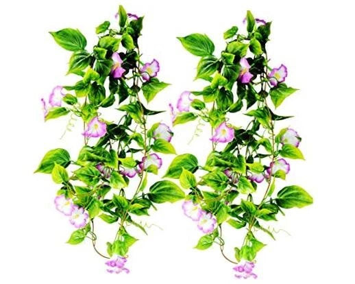 Artificial Morning Glory Flower Vines, 2pcs 15Feet Hanging Plants Silk Purple Green Plant