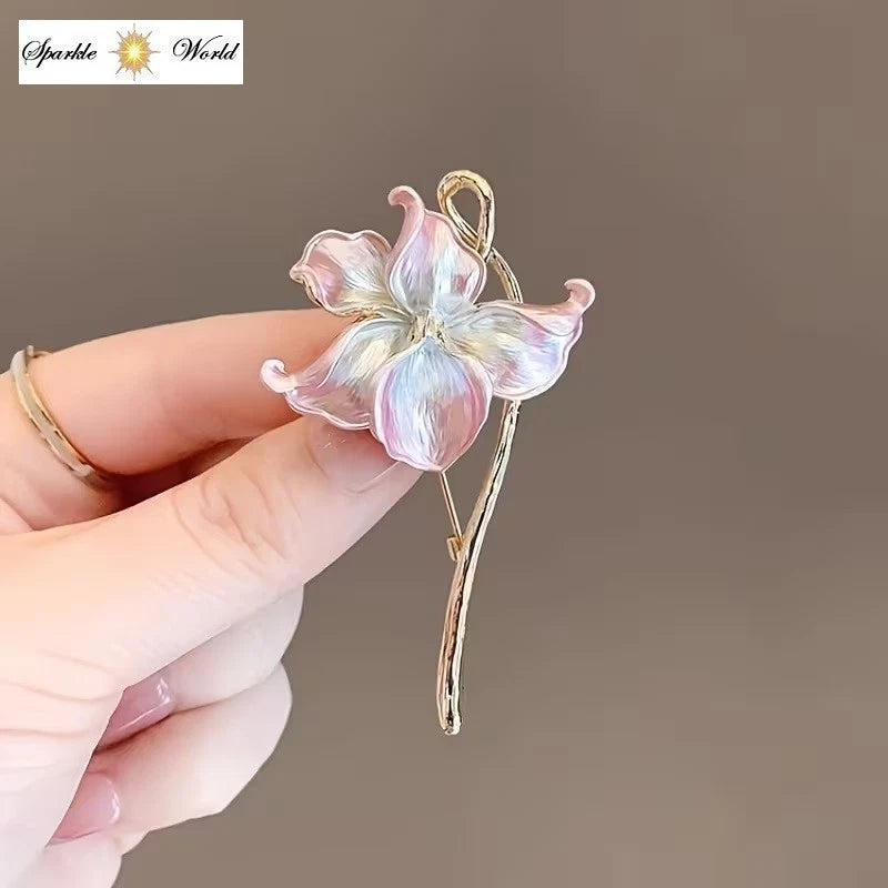 Water lily flower brooch pin with pink and white petals, gold-tone backing