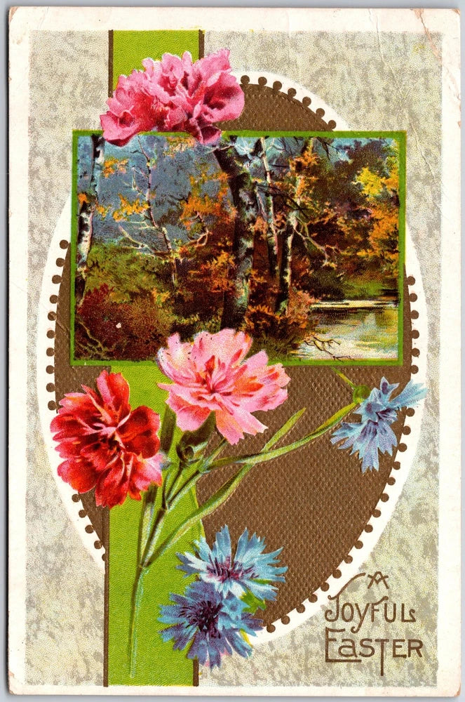 Vintage Easter postcard with pink and blue carnations over autumn landscape