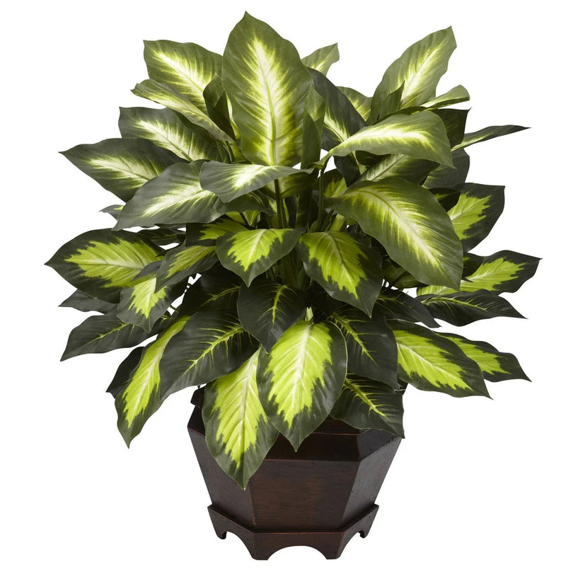 SILK GOLDEN DIEFFENBACHIA PLANT ARTIFICIAL FAKE OFFICE ARRANGEMENT w/ WOOD POT Green Plant