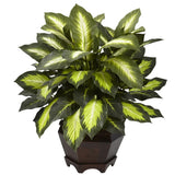 SILK GOLDEN DIEFFENBACHIA PLANT ARTIFICIAL FAKE OFFICE ARRANGEMENT w/ WOOD POT Green Plant