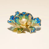 Vintage Blue Enamel Peony Flower Brooch Handmade Freshwater Pearl Lady Brooches Peony