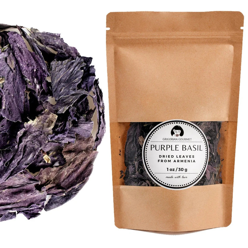 Dried purple basil leaves in kraft stand-up pouch, front label detail