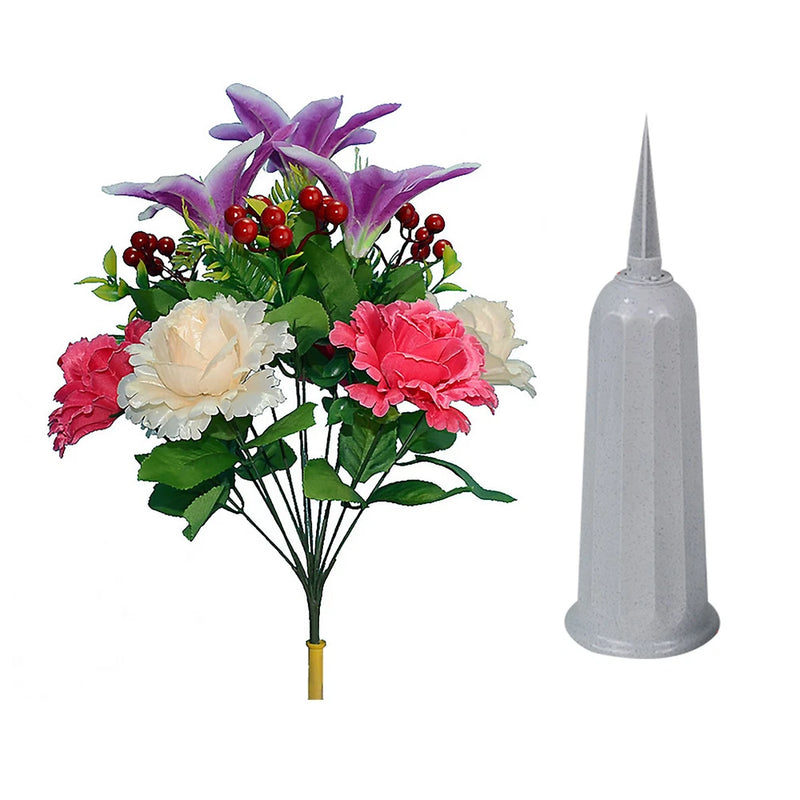 Artificial rose bouquet with mixed blossoms, plus white flower arrangement holder bottle